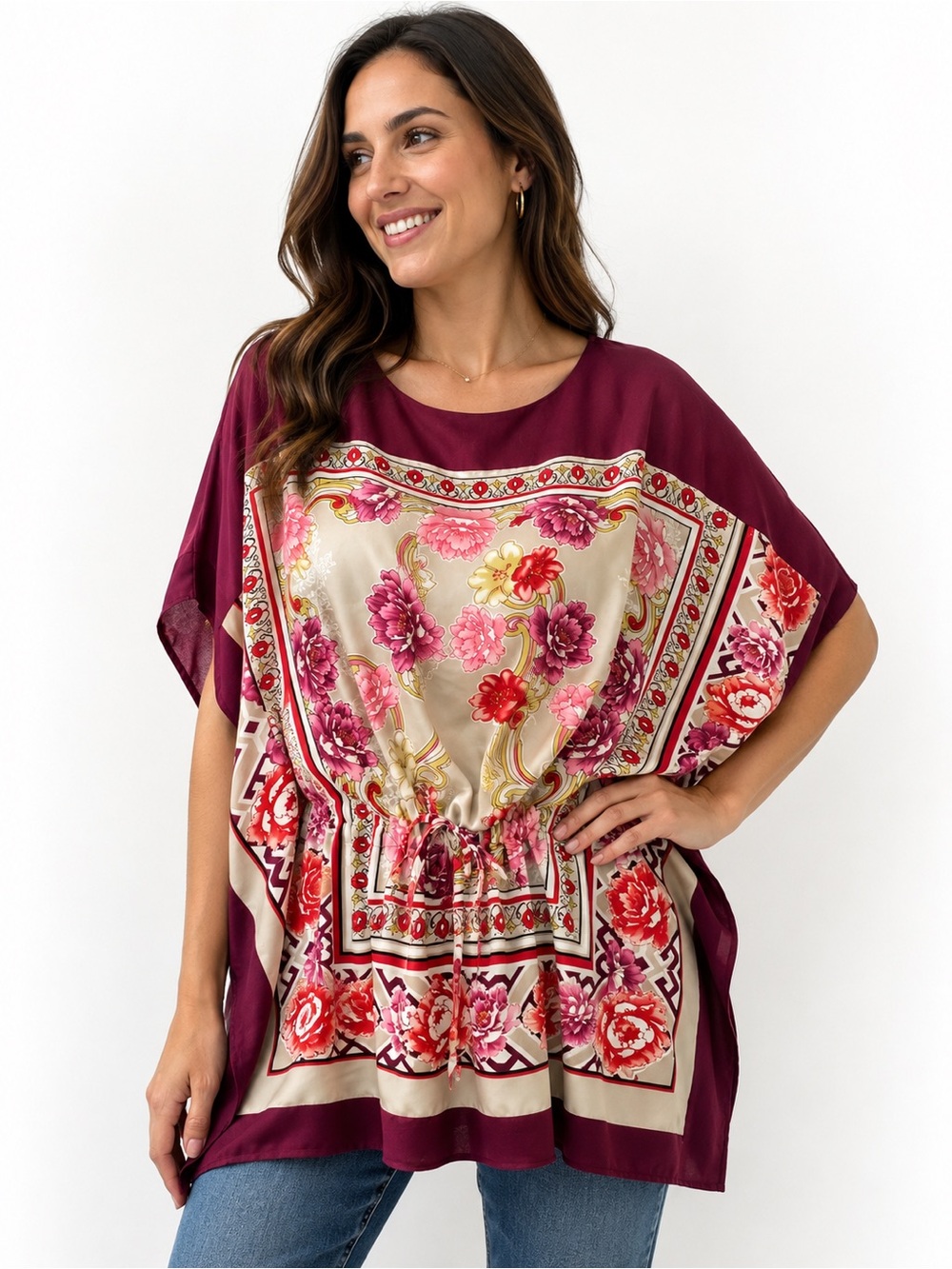 Dana Buchman Burgundy and Cream Floral Satin Tunic
